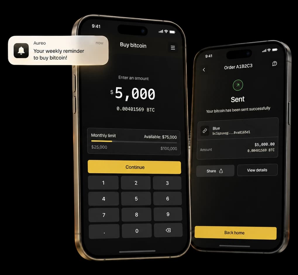 Aureo app screens for buying and sending bitcoin