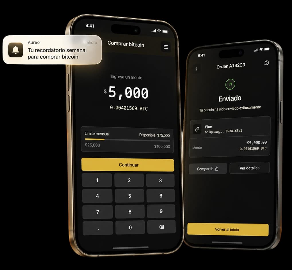 Capturas de la app Aureo para comprar y enviar bitcoin