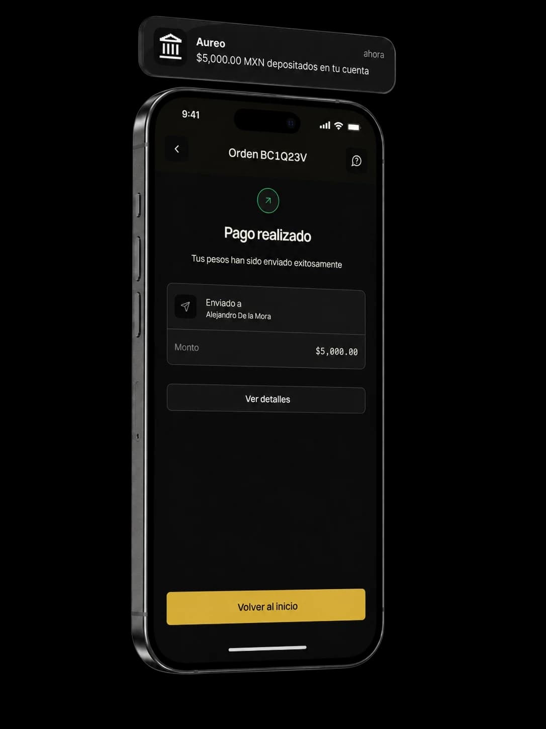 The Aureo app showing a completed 5,000-peso payment and the notification of the deposit in the bank account