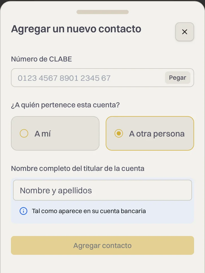 Aureo form for adding a CLABE and the account holder's name, with the option Someone else selected