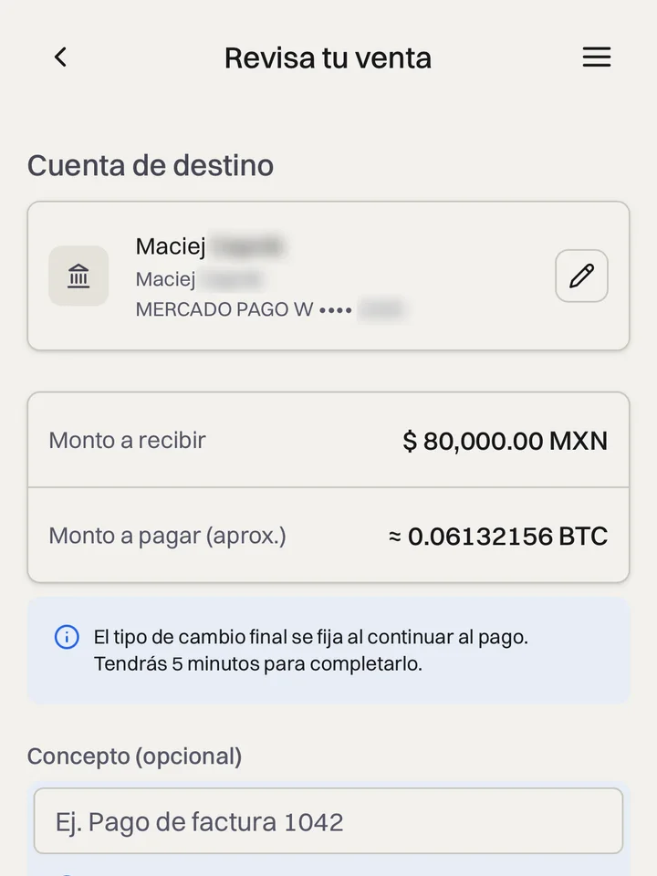 Review of a sample sale: 80,000 pesos to receive and approximately 0.06132156 BTC to pay