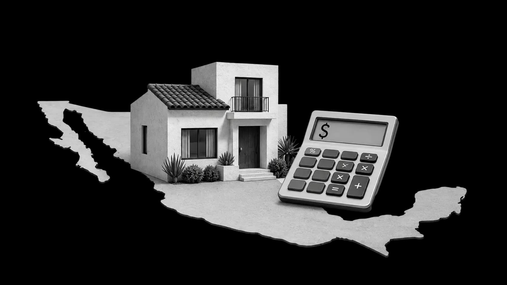 Casa, mapa de México y calculadora inmobiliaria