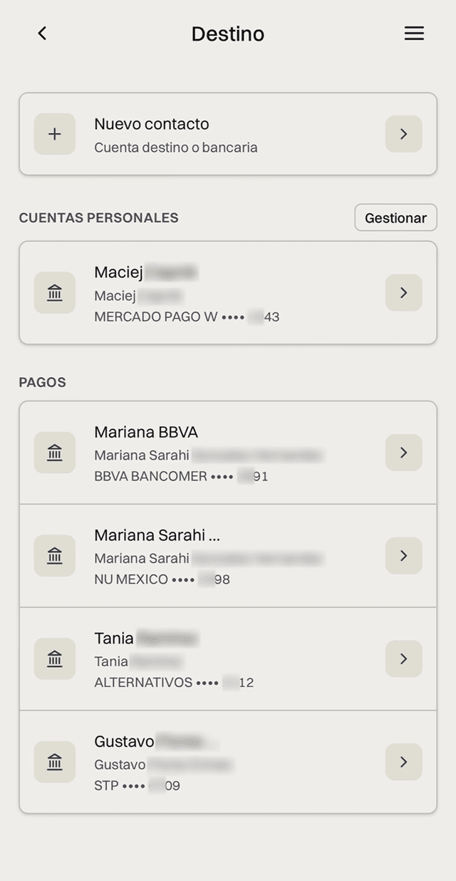 Bank recipient selection with surnames and some bank details blurred