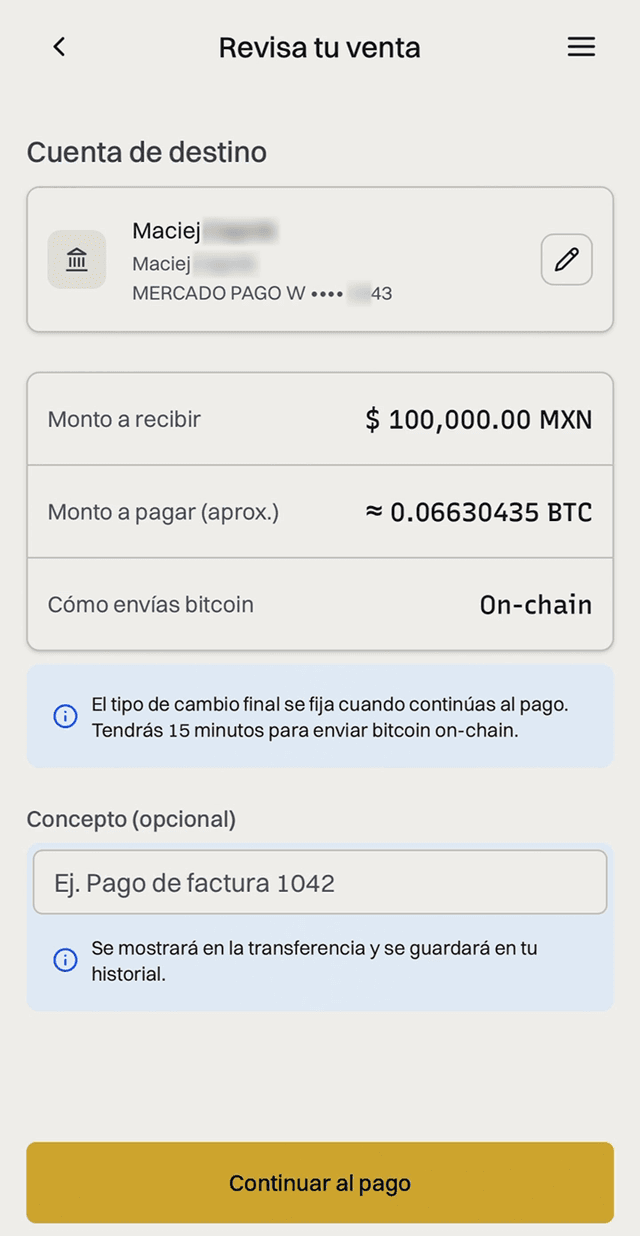 Review screen for an on-chain bitcoin sale