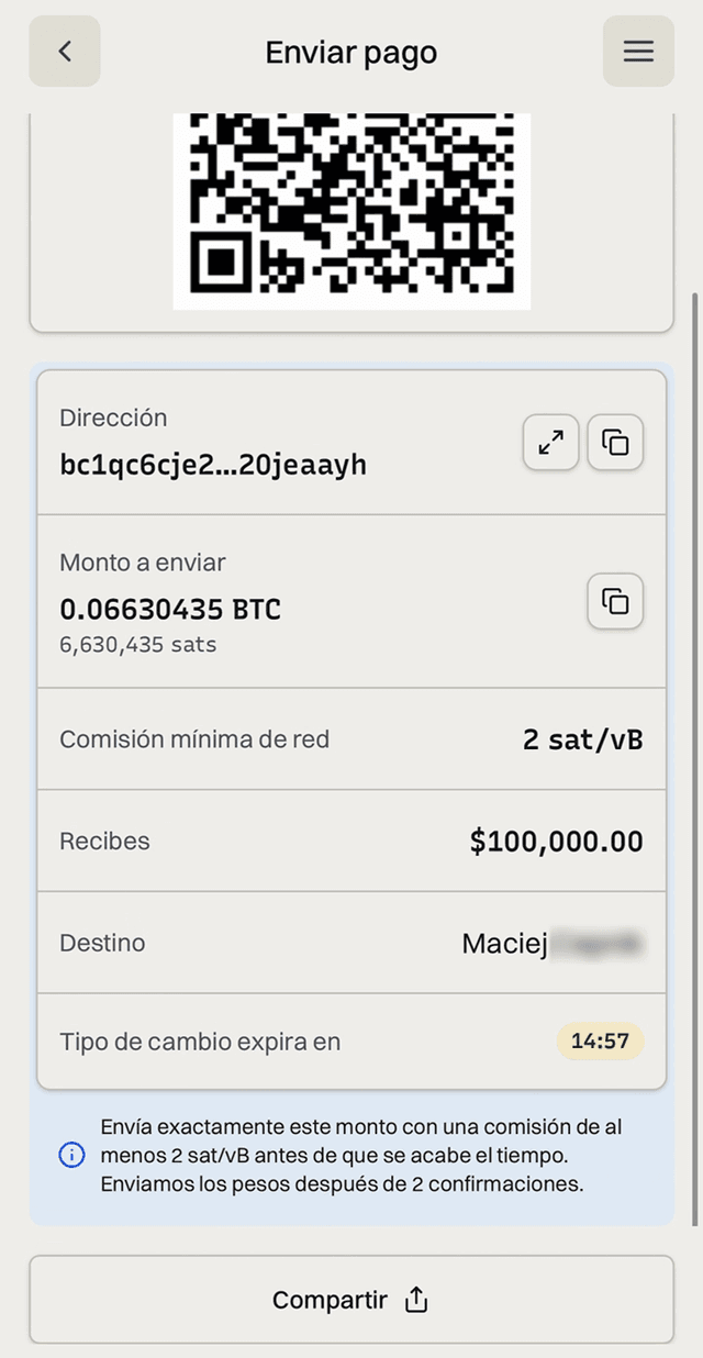 Payment instructions showing bitcoin amount, minimum fee and quote expiry