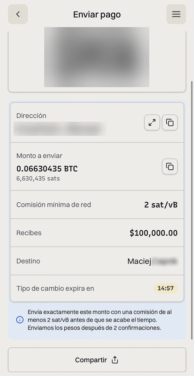 Instrucciones de pago con monto, comisión mínima y vencimiento de la cotización