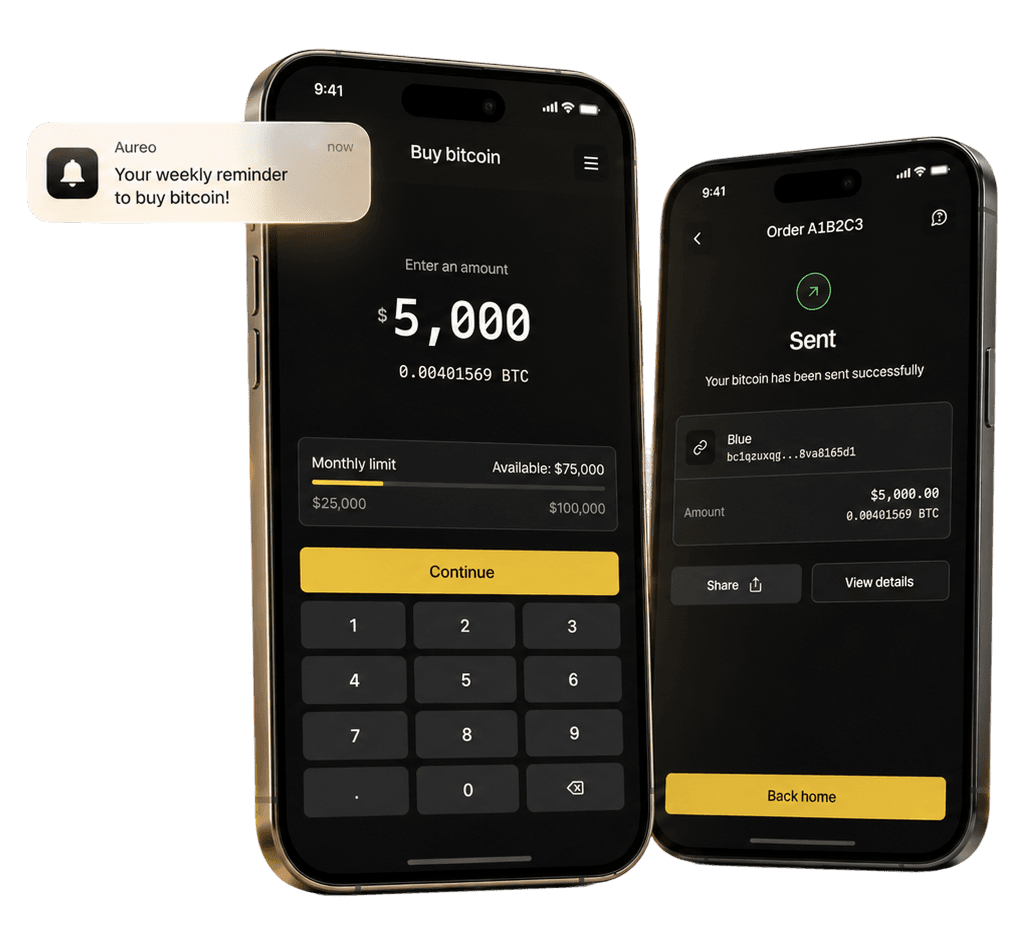 Aureo app screens for buying and sending bitcoin