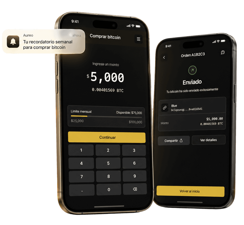 Capturas de la app Aureo para comprar y enviar bitcoin