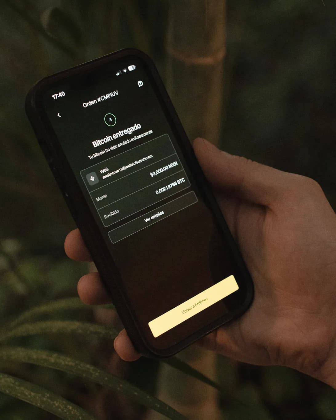 The Aureo app on a phone showing a bitcoin purchase delivered to the user's own wallet